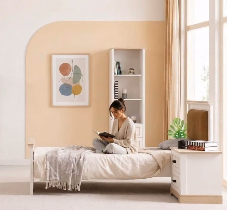 Letto singolo, letto per ragazzi, colore beige, legno, testiera imbottita, design moderno, camera da letto
