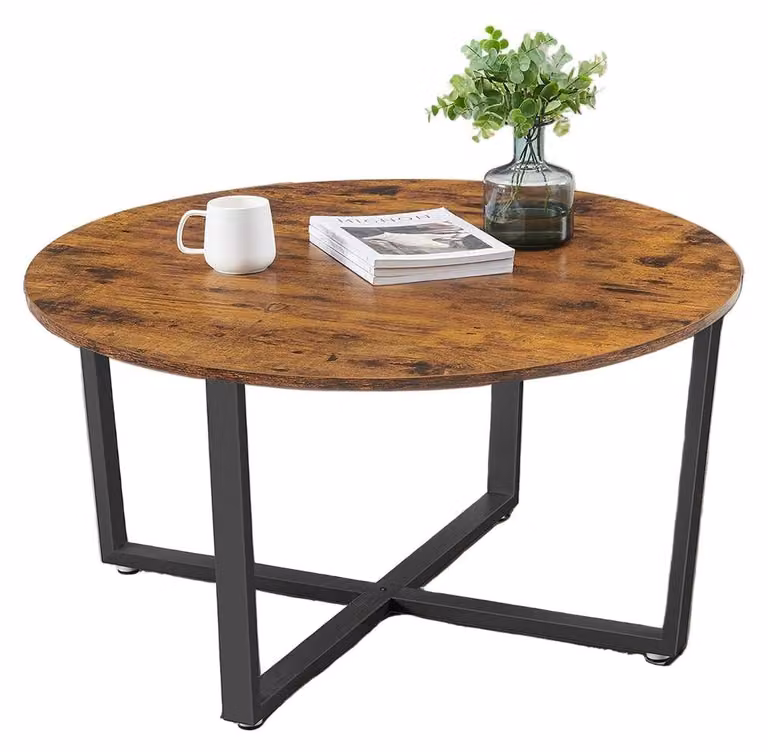 Tavolino rotondo marrone – realizzato in pannello di particelle di legno e ferro – dimensioni 88 x 88 x 47 cm