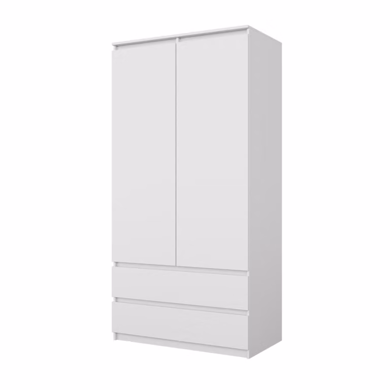 Armadio Bianco Opaco – Armadio Camera da Letto 2 Ante con 2 Cassetti, Guardaroba L90 x H180 x P50 cm