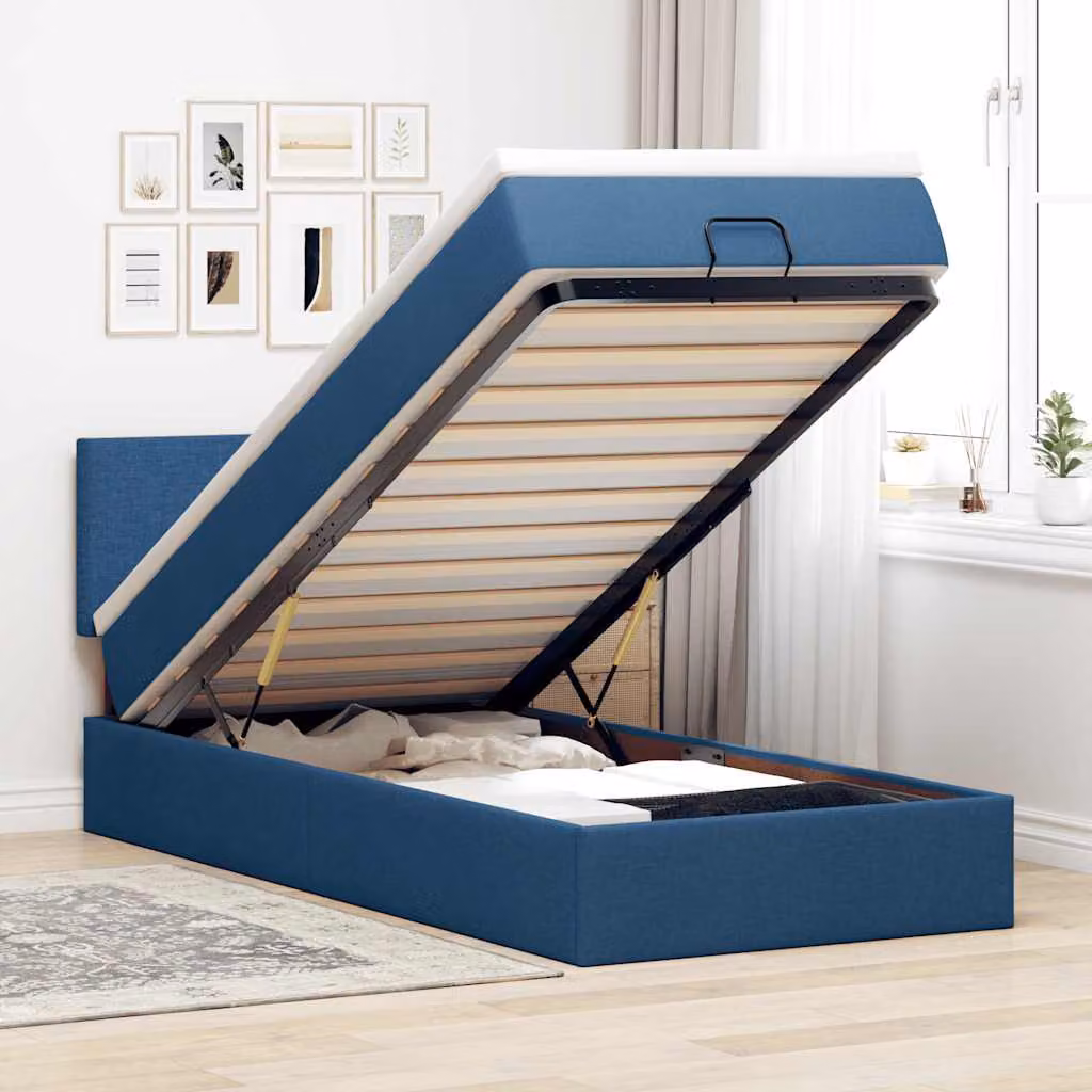 vidaXL Pouf Letto con Materasso Blu e Bianco in Tessuto L: 200 cm, P: 90 cm, H: 88 cm – 1