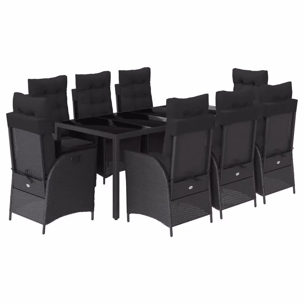 Set da pranzo da giardino vidaXL in polyrattan nero con cuscini e tavolo in vetro, 9 pezzi – 2
