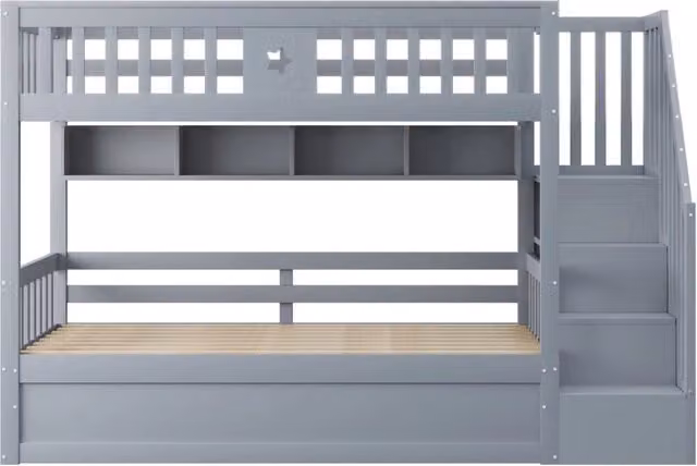 Letto a castello in legno massello 90x200 cm con letto inferiore idraulico, scala contenitore e scaffali, colore grigio