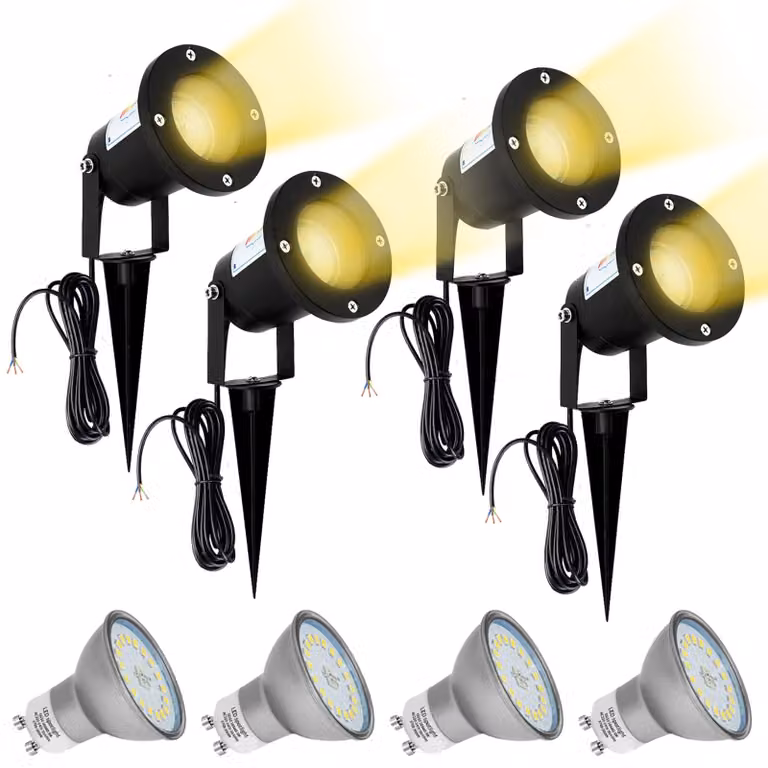 Set di 4 faretti LED GU10 per esterni, grado di protezione IP65, orientabili, con picchetto da terra, 5W, luce bianco caldo