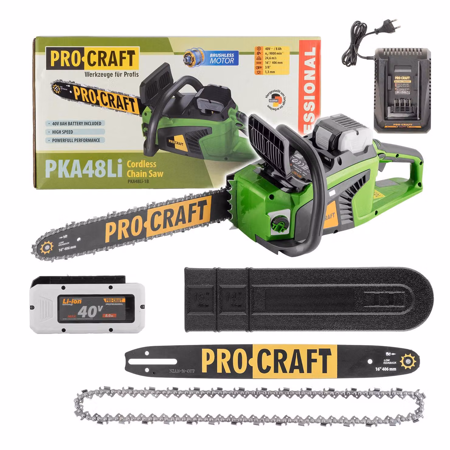 Motosega a batteria Procraft PKA48Li 40 V 406 mm Brushless + 1x batteria 8,0 Ah + caricabatterie
