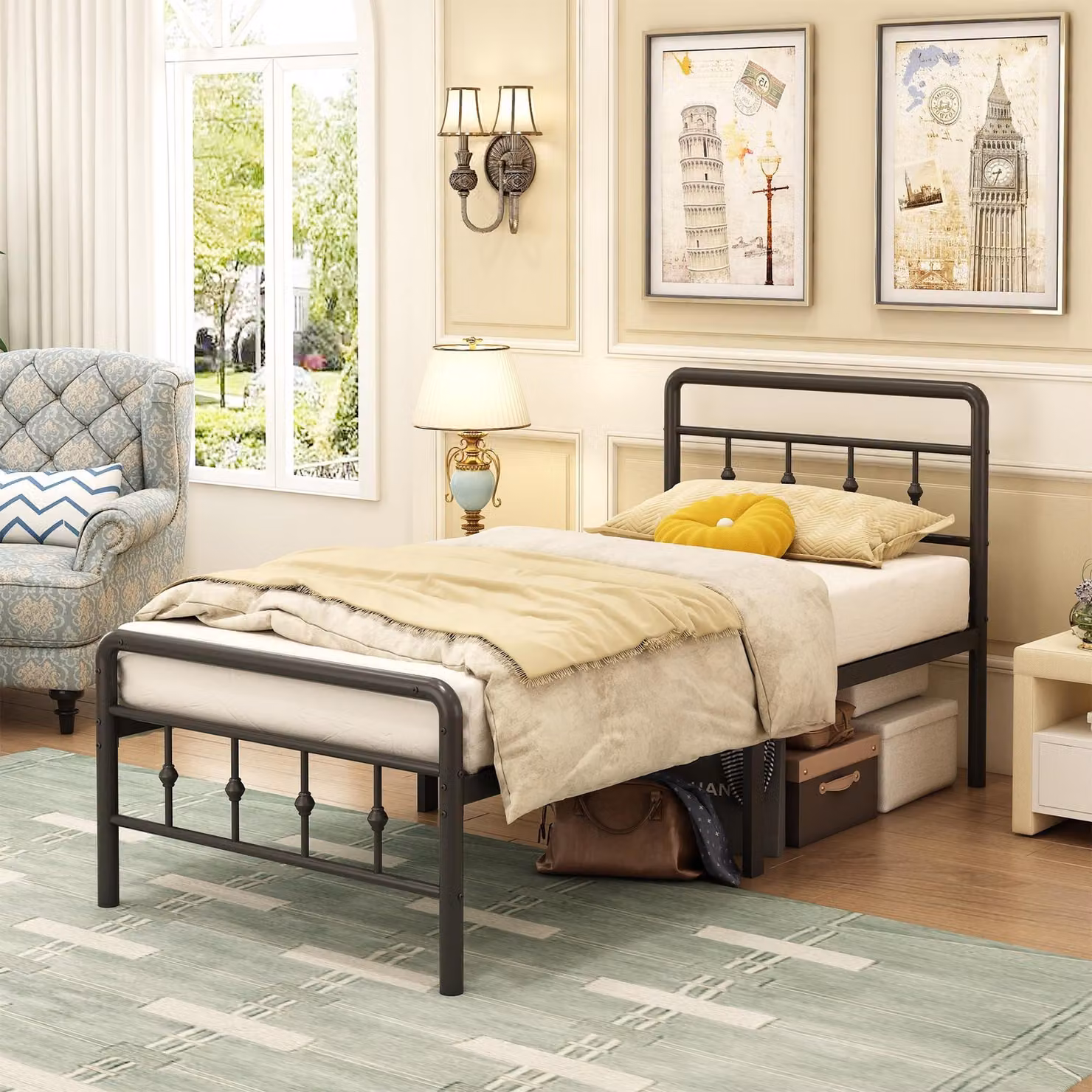 Struttura letto in metallo 90 x 190 cm - Nera, con testiera e pediera