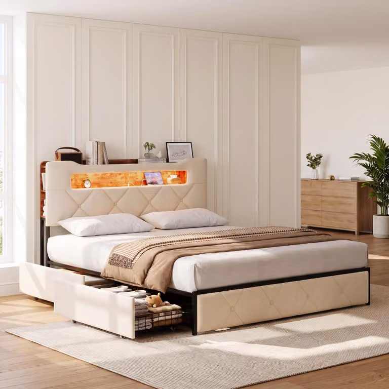 Letto imbottito INONEFT, modello contenitore, 140x200 cm, letto a una piazza e mezza/doppio con USB, 4 cassetti, letto con LED e spazio contenitore, struttura del letto con rete a doghe, tessuto in velluto, colore beige
