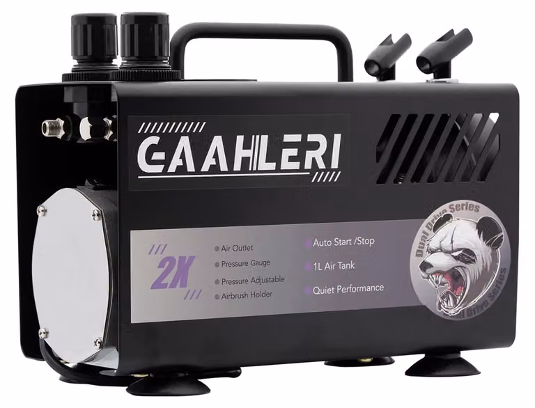 Kit per aerografo completo di compressore, serbatoio da 1 litro, doppia uscita, portata di 23 litri al minuto, pressione di 57 PSI
