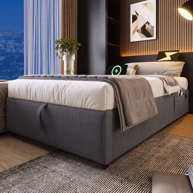 Letto contenitore 90x190 cm senza testiera con USB e Type-C; cotone-lino grigio