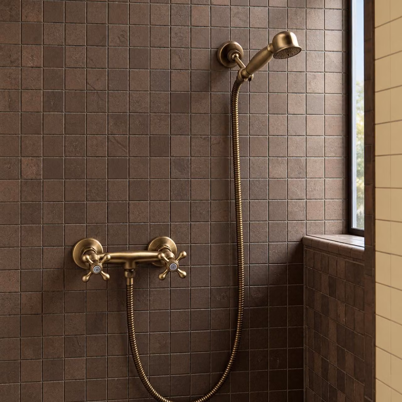 Miscelatore per doccia con doccetta manuale, finitura bronzo, modello Heritage Ascot, marca Aquanello