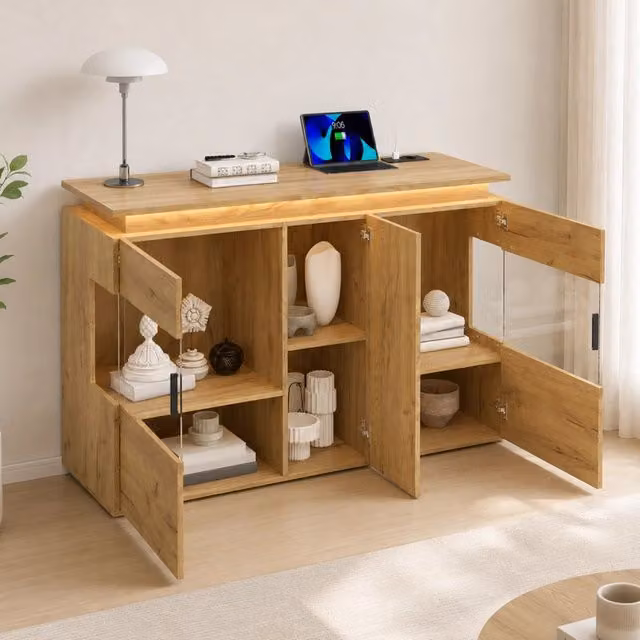 Credenza Mivray in rovere chiaro con ante in vetro, illuminazione LED e ricarica USB e Type-C, L: 120 cm, P: 40 cm, H: 79.5 cm