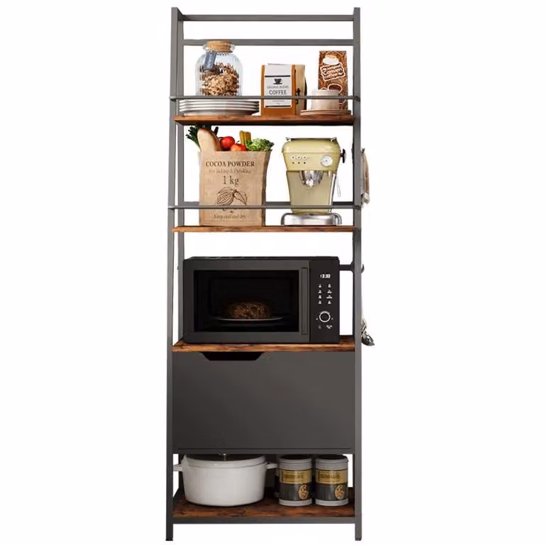 Grande scaffale da cucina per microonde, pratico, in stile rustico, in rovere, con ganci, in stile loft