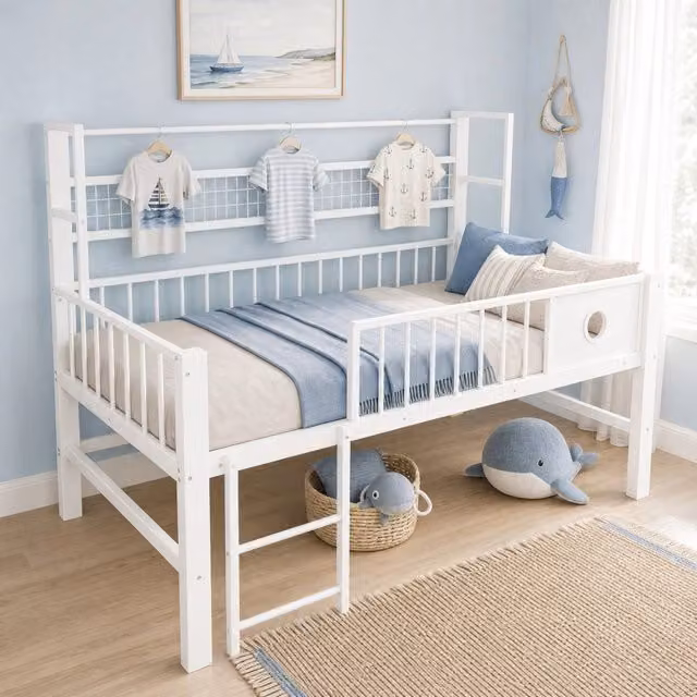 Letto a soppalco basso per bambini 90x200 cm con struttura in metallo, scaffali e barra appendiabiti, colore bianco