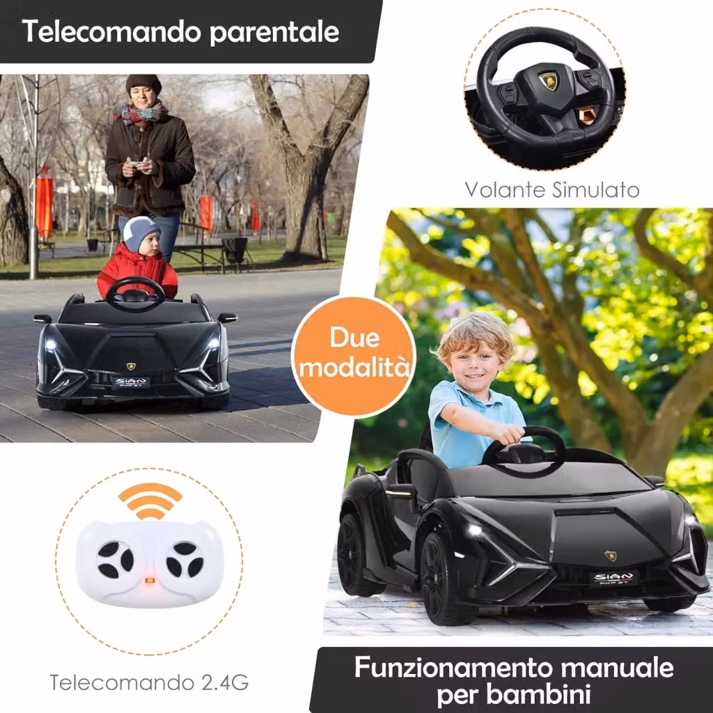 Macchina Elettrica Lamborghini Costway da 12V per Bambini, Veicolo Elettrico Cavalcabile Nero con Luci LED, MP3 e Telecomando – 2