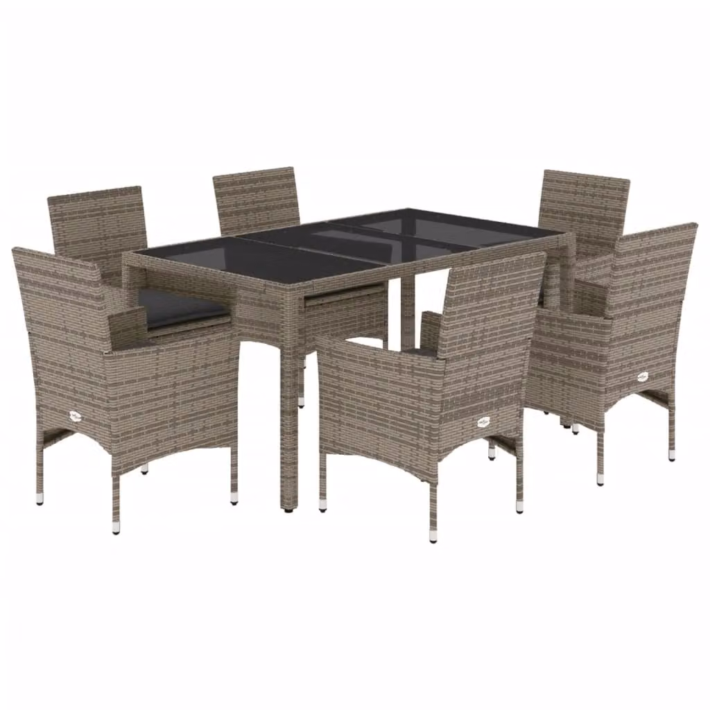 Set da Pranzo da Giardino 7 pz con Cuscini Polyrattan e Vetro