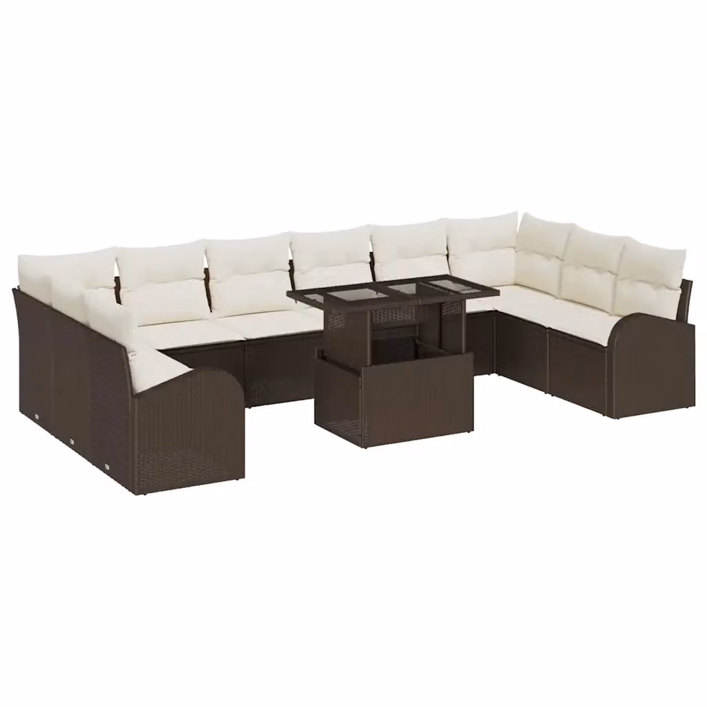 Set Divano da Giardino vidaXL 11 pz a Forma a U Marrone e Beige con Cuscini e Tavolino in Vetro – 2