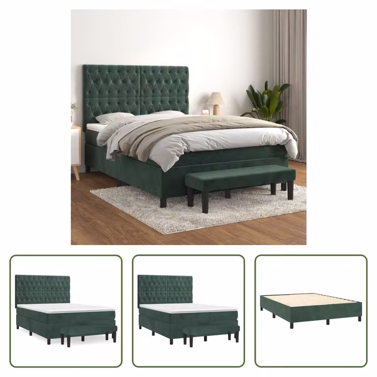The Living Store Letto a molle con materasso verde scuro 140x190 cm in velluto