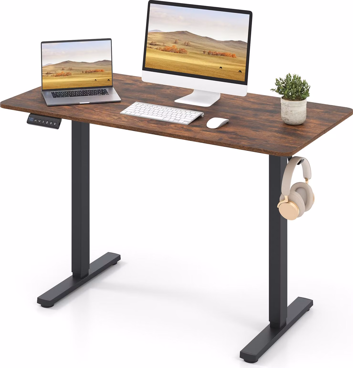 COSTWAY 120x60 cm, scrivania elettrica regolabile in altezza con ganci, gestione dei cavi, funzione memoria e protezione anticollisione (marrone)