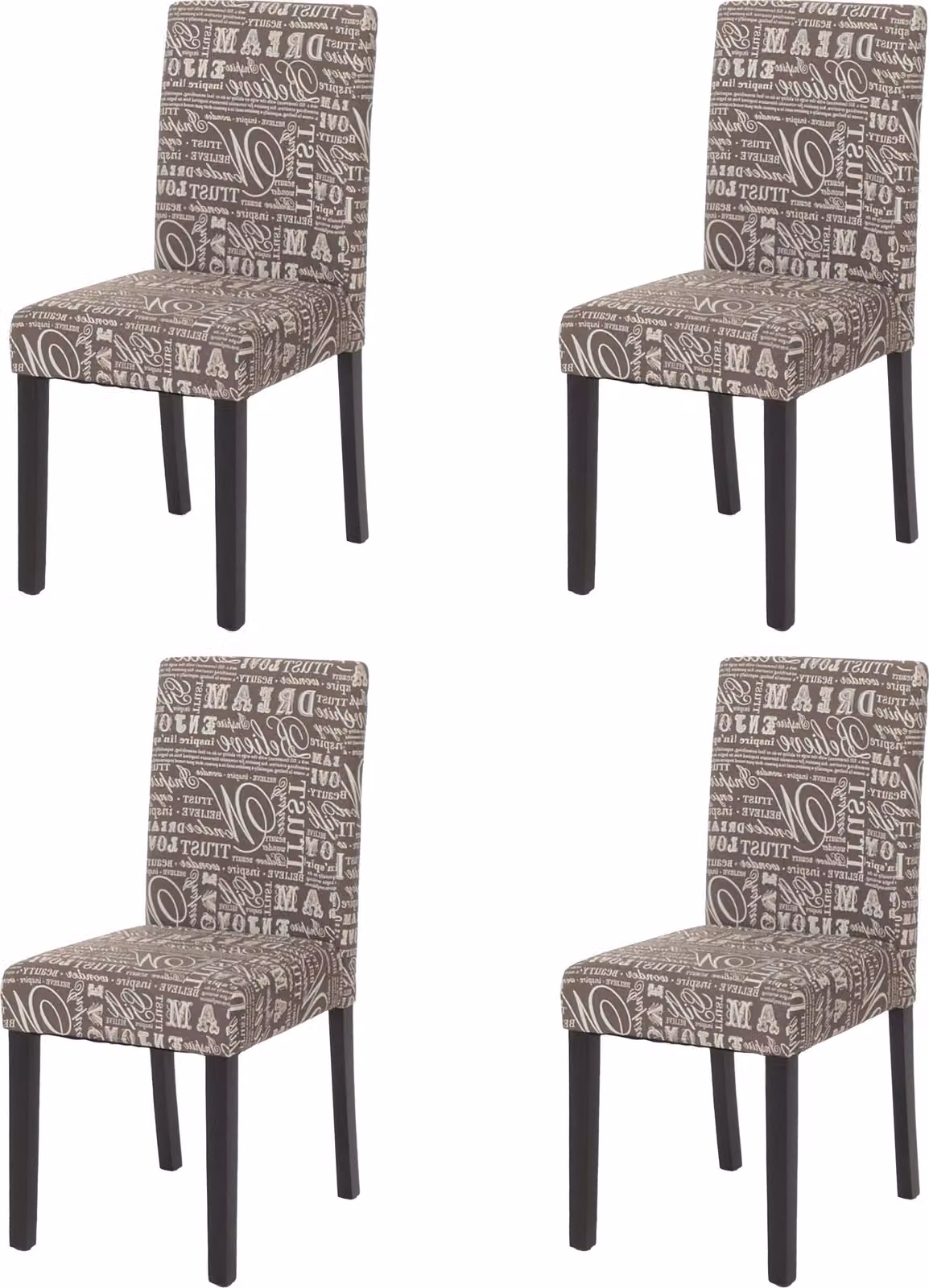 Set di 4 sedie da sala da pranzo Sedie da cucina classiche e intramontabili | A x L x P 90 x 43 x 56 cm | Altezza seduta 45 cm | Tessuto con scritta | Gambe scure | Grigio