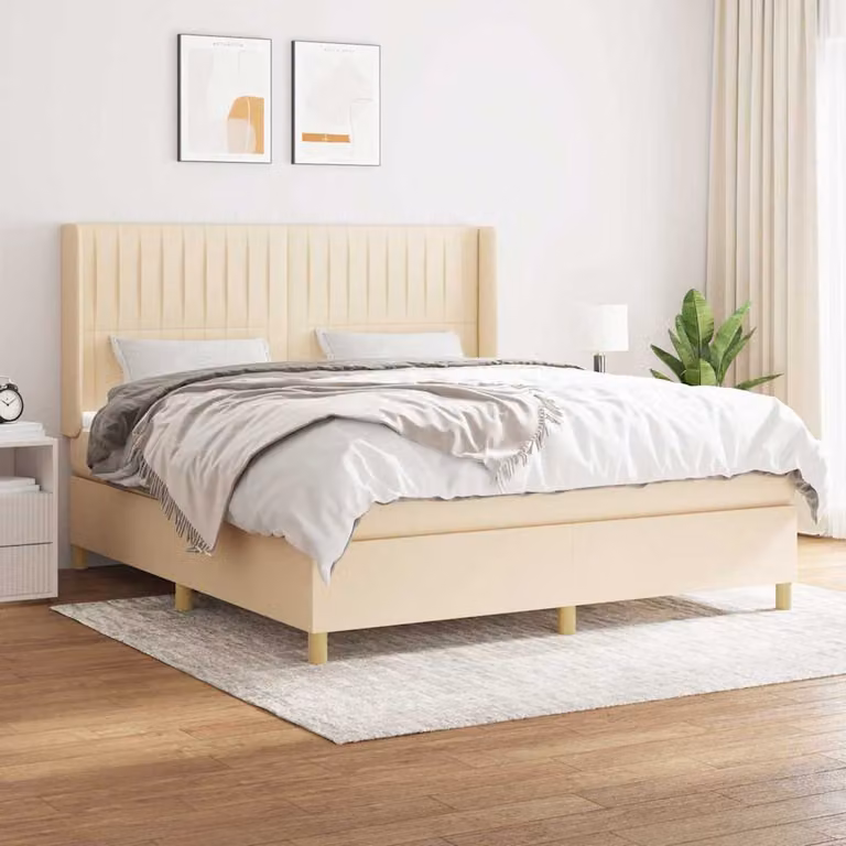 vidaXL Giroletto a Molle con Materasso Ibrido in Tessuto Beige e Bianco L/P/H: 180 x 200 x 128 cm