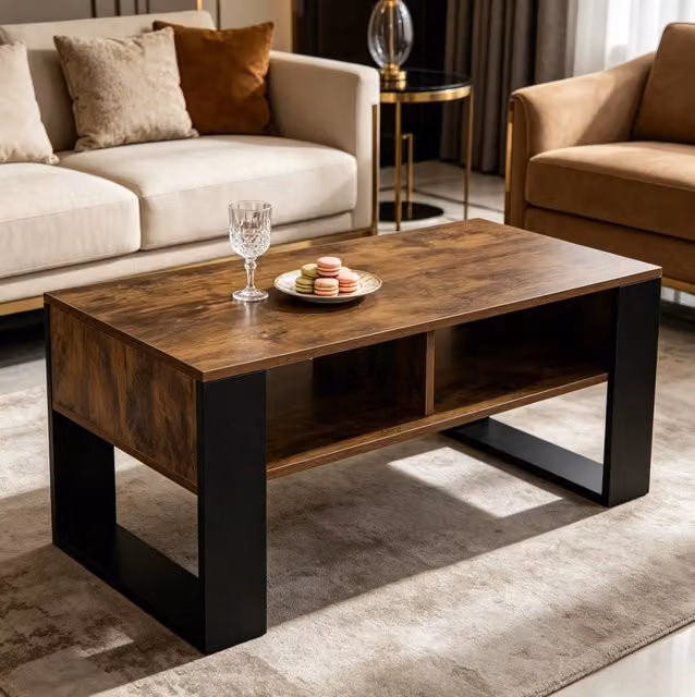 Tavolino da salotto ULEVR 90x45x45 cm con 2 vani aperti, legno marrone rustico e nero