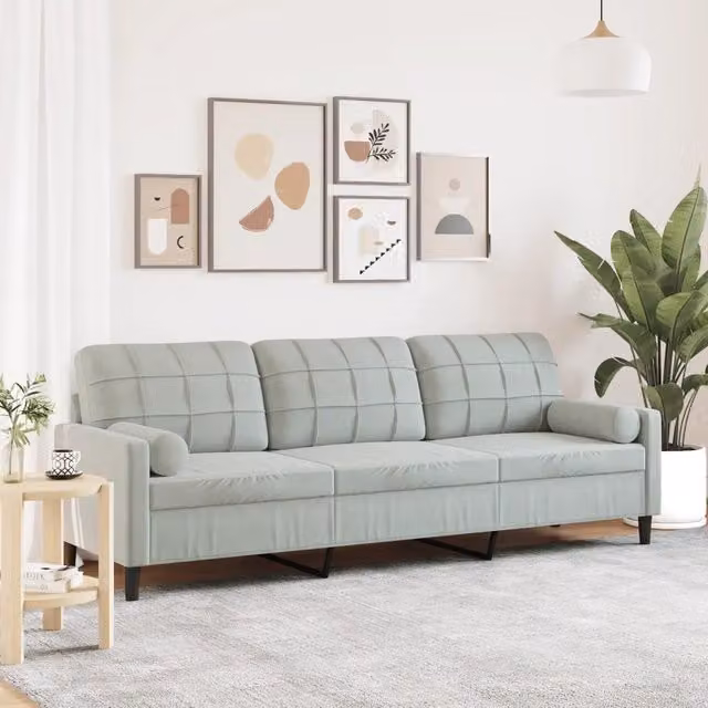 Divano a 3 posti moderno vidaXL in velluto grigio con cuscini e coperture rimovibili L: 226 cm, P: 80 cm, H: 77 cm