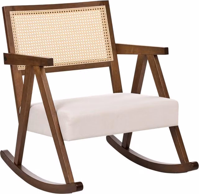 Poltrona a dondolo imbottita con schienale Vienna stile scandinavo struttura in legno di gomma tessuto marrone e beige chiaro