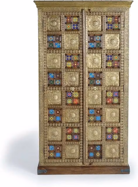 Armadio etnico in legno di acacia con intarsi in maiolica e dettagli in oro, L: 180 cm, P: 40 cm, H: 180 cm