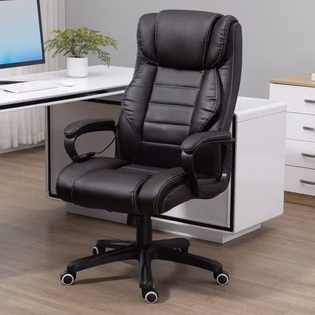Sedia da Ufficio Ergonomica WISHDOR in Finta Pelle con Poggiatesta, Braccioli e Ruote, Marrone e Nero, L/P/H: 64 x 74 x 120 cm – 1