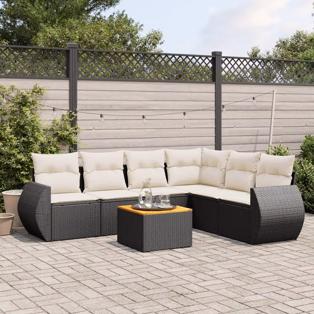 Set Divani da Giardino a Forma di L vidaXL in Polyrattan Nero con 7 Cuscini e Tavolino – 1
