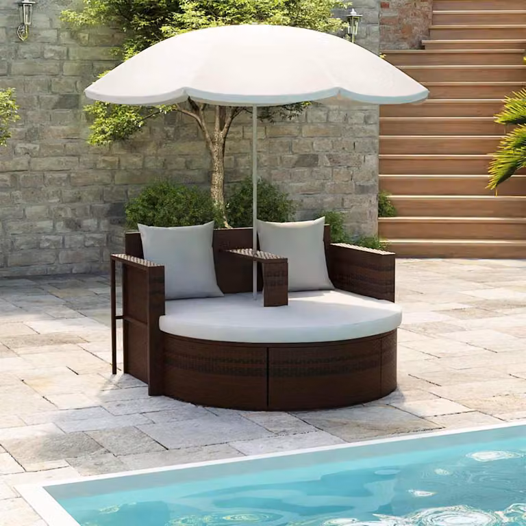 vidaXL Lettino da Giardino con Ombrellone in Polyrattan Marrone e Bianco