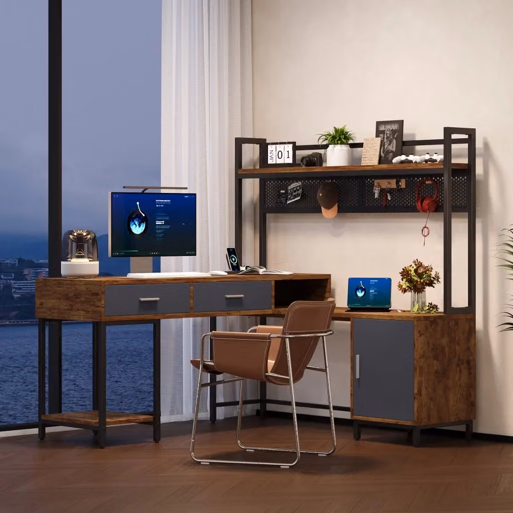 Scrivania Angolare REDOM in MDF e Metallo, Colore Nero e Marrone, L/P/H: 140 x 140 x 135 cm – 2