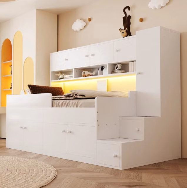 Letto rialzato per bambini in legno 90 × 200 cm con armadio; vani contenitore e LED; bianco