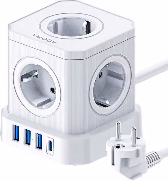 Multipresa 9 in 1 con USB, 5 prese, 3 porte USB-A, 1 porta USB-C, protezione da sovraccarico, bianco