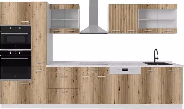 Cucina componibile moderna Vicco R-Line in rovere e bianco con armadio alto, larghezza: 350 cm – 1