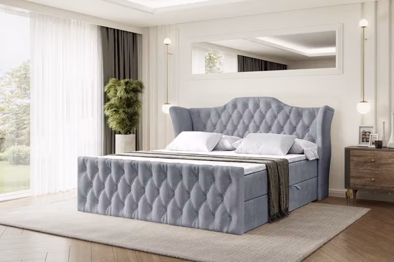 Letto boxspring ALTDECOR VILA-Z, letto imbottito con testiera, contenitore e pediera - Materasso rigido (H4) - 160x200 - Grigio velluto