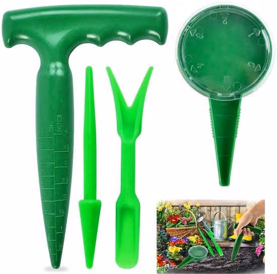 Ibenzoa®: set da 4 pezzi per la semina e il trapianto, realizzato in plastica di alta qualità. Include: un perforatore, un seminatore e 2 strumenti per il trapianto, dotati di manico a T e scala di misurazione, ideali per cipolle e verdure