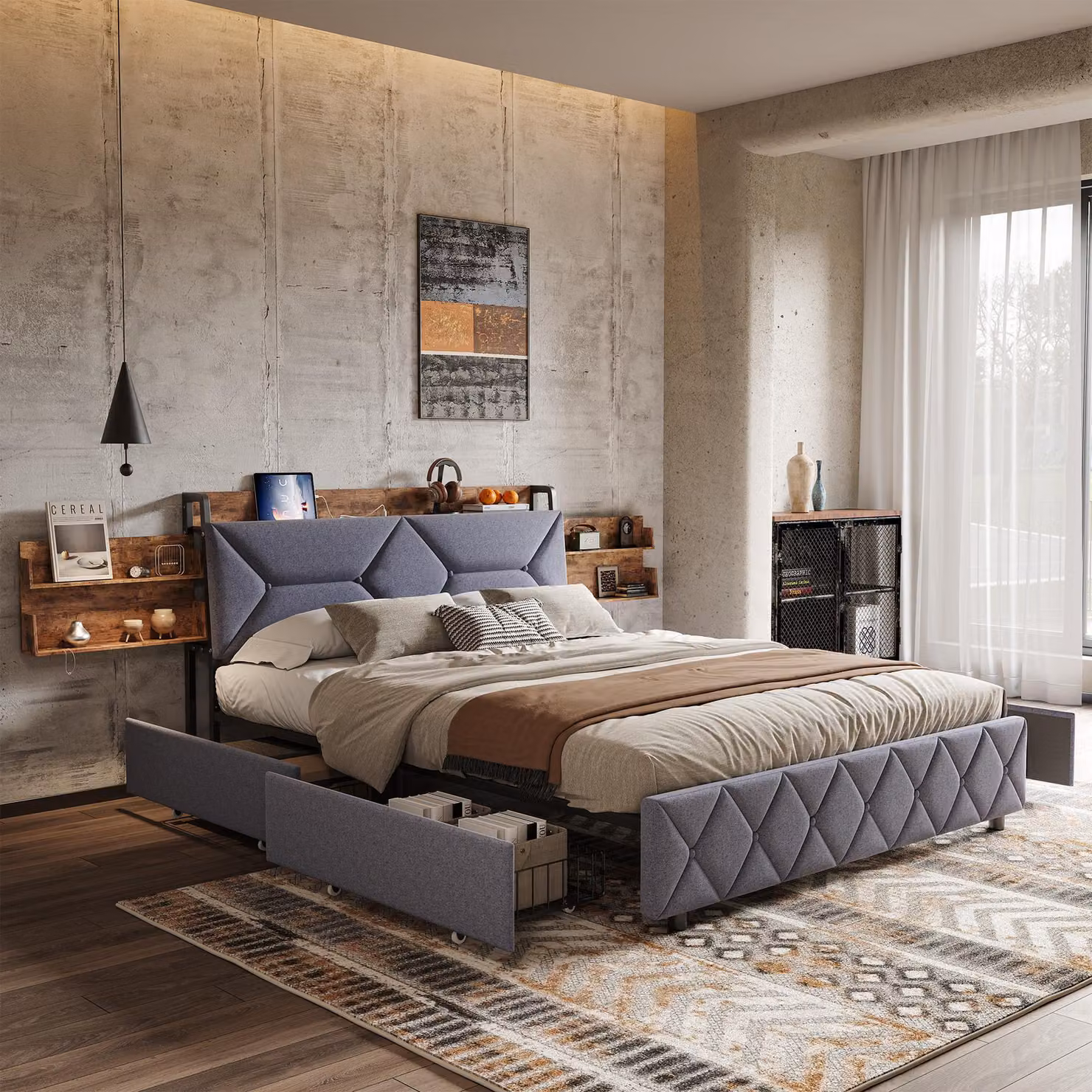Letto matrimoniale imbottito 140x200 cm, contenitore, cassetti, schienale inclinato, testata scorrevole, velluto, grigio