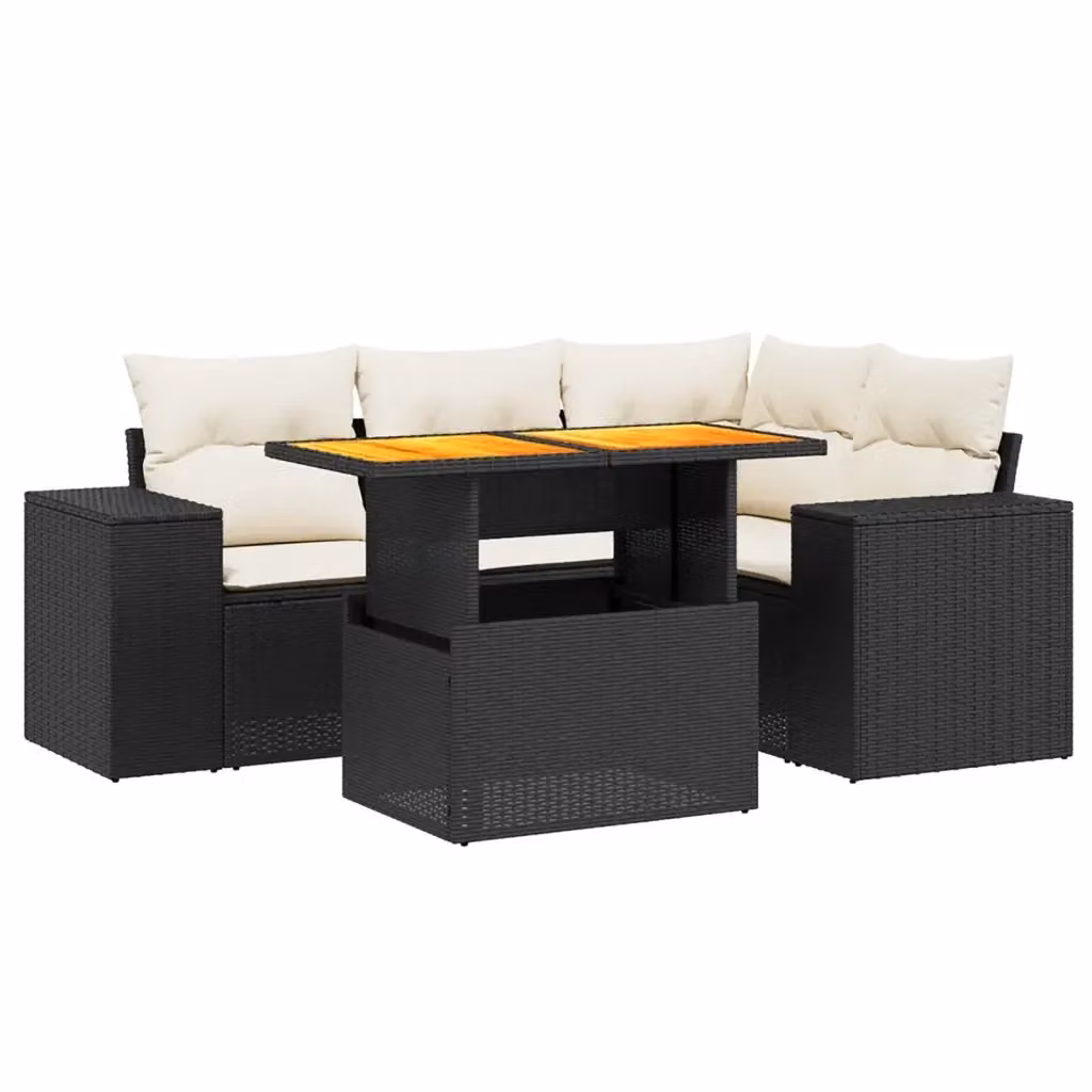 vidaXL Set Divani da Giardino a L 5 pz in Polyrattan Nero con Cuscini e Tavolino – 2