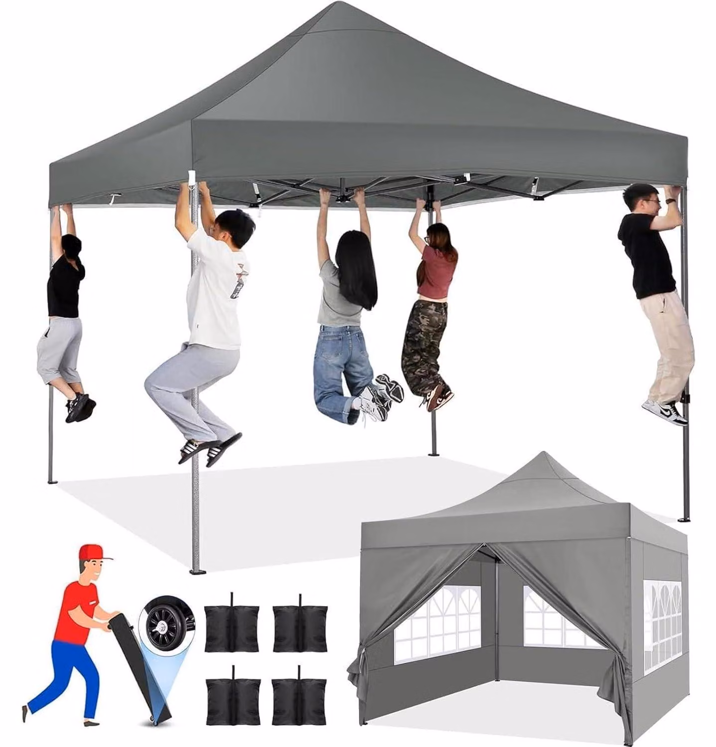 Gazebo da esterno 3x3 metri, grigio, impermeabile, con protezione UV 50+, regolabile in altezza con 3 posizioni, completo di 4 pannelli laterali e sacchi di sabbia