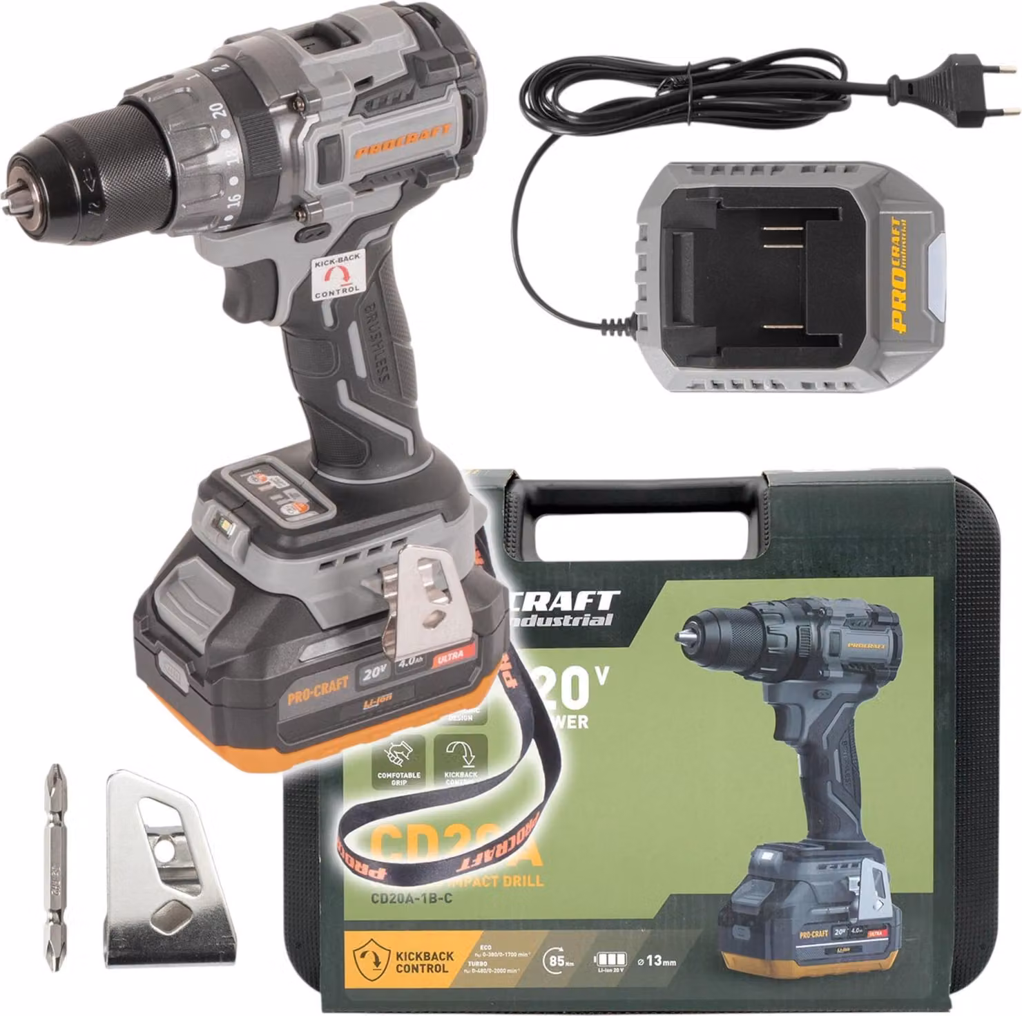 Procraft Industrial CD20A Trapano avvitatore a percussione a batteria 20 V 85 Nm + 1x batteria 4,0 Ah + caricabatterie + valigetta
