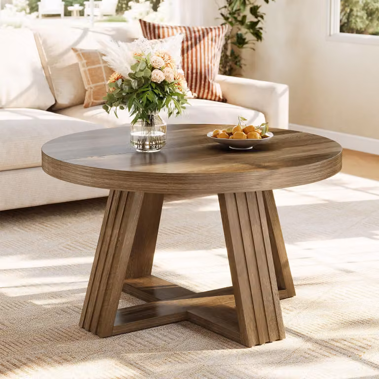 Tribesigns, tavolino da divano rotondo, diametro 80 cm, stile rustico, piano in legno massello e struttura in legno rinforzata a forma di croce, ideale per il soggiorno