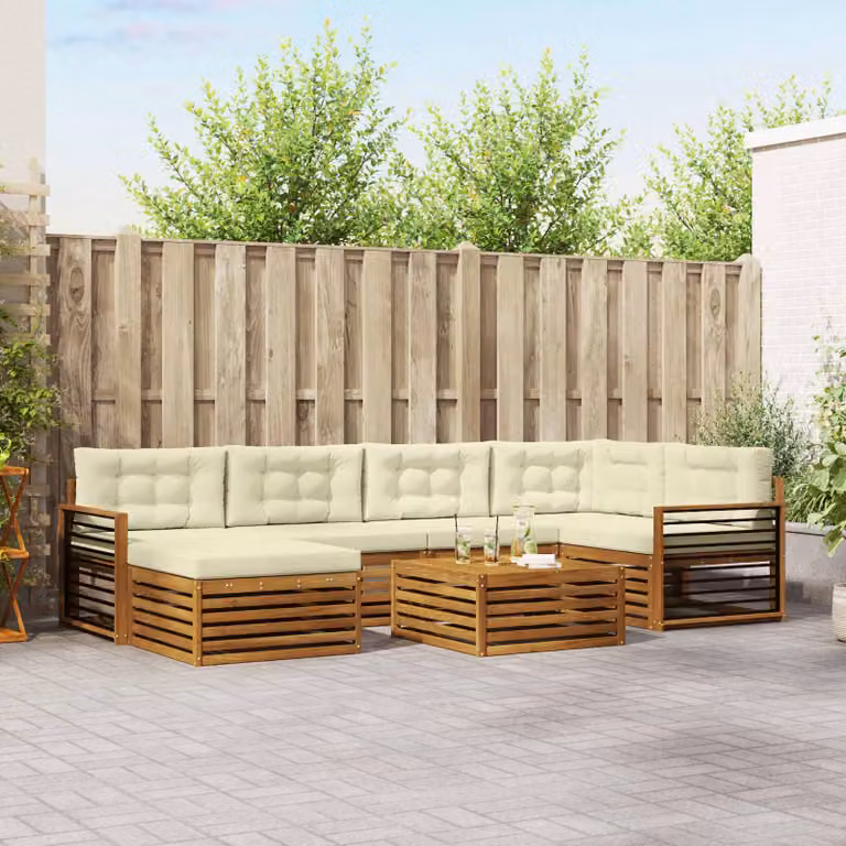 Set di divani da esterno vidaXL 7 pz in legno di acacia con tavolo da caffè e pouf, colore beige e bianco