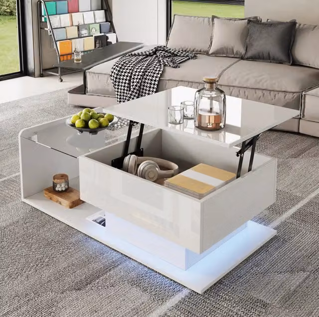 Tavolino sollevabile 100x50x33/47,5 cm bianco lucido con LED e vetro temperato