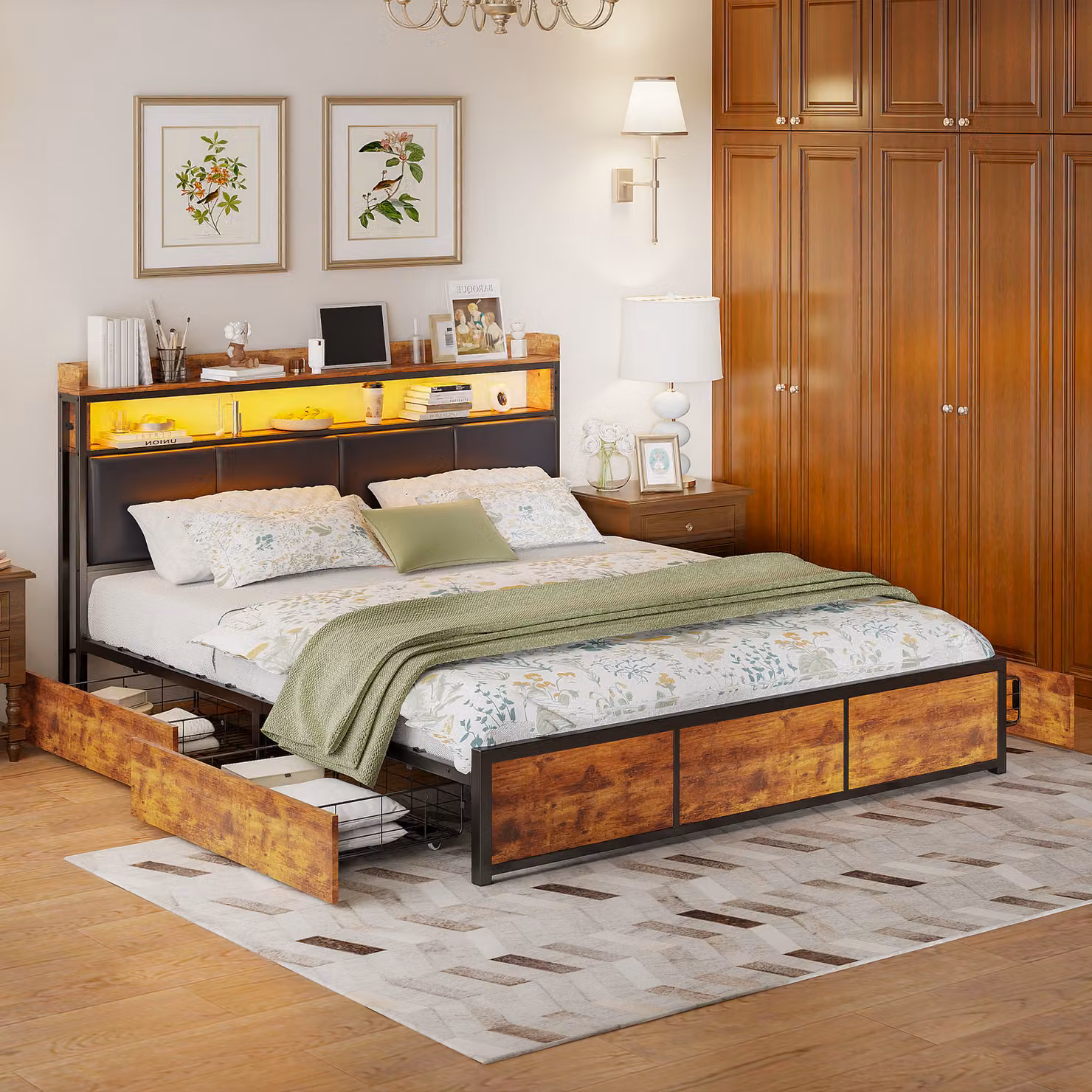 UnboxG Letto imbottito 140x200cm, letto per ragazzi letto matrimoniale con 4 cassetti, letto contenitore letto in legno massiccio con LED e rete a doghe, PU