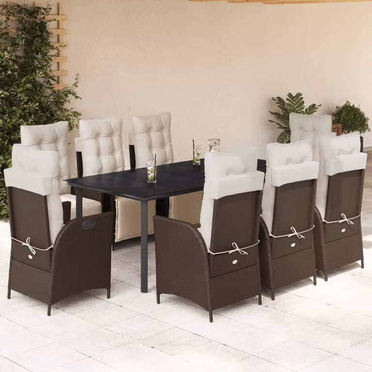 Set da Pranzo da Giardino vidaXL in Polyrattan Marrone con 9 Pezzi e Cuscini