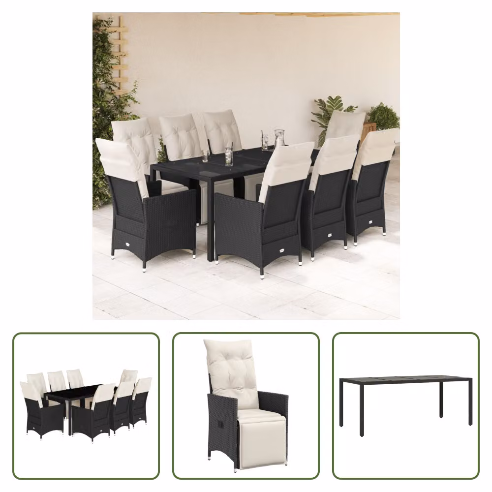 The Living Store Set da pranzo da giardino 9 pezzi con cuscini in polirattan nero