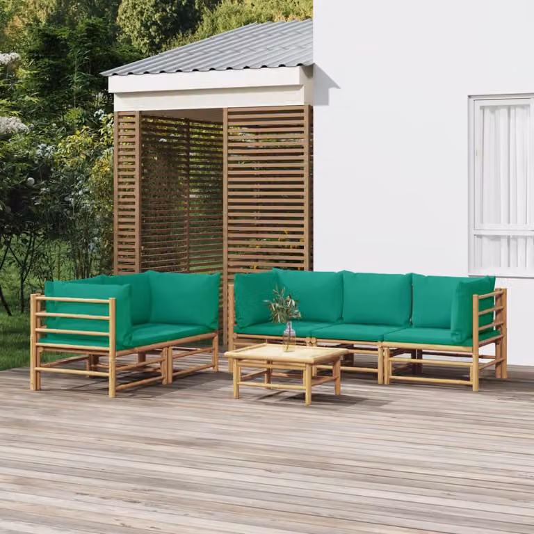 vidaXL Set Salotto da Giardino Moderno a L in Bambù con 6 Cuscini Verdi e Marroni