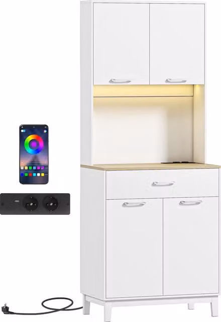 Credenza Moderna HOMCOM con Luci LED, Prese Elettriche e USB, 2 Armadietti e Cassetto, Bianco, L: 71 cm, P: 40 cm, H: 180 cm