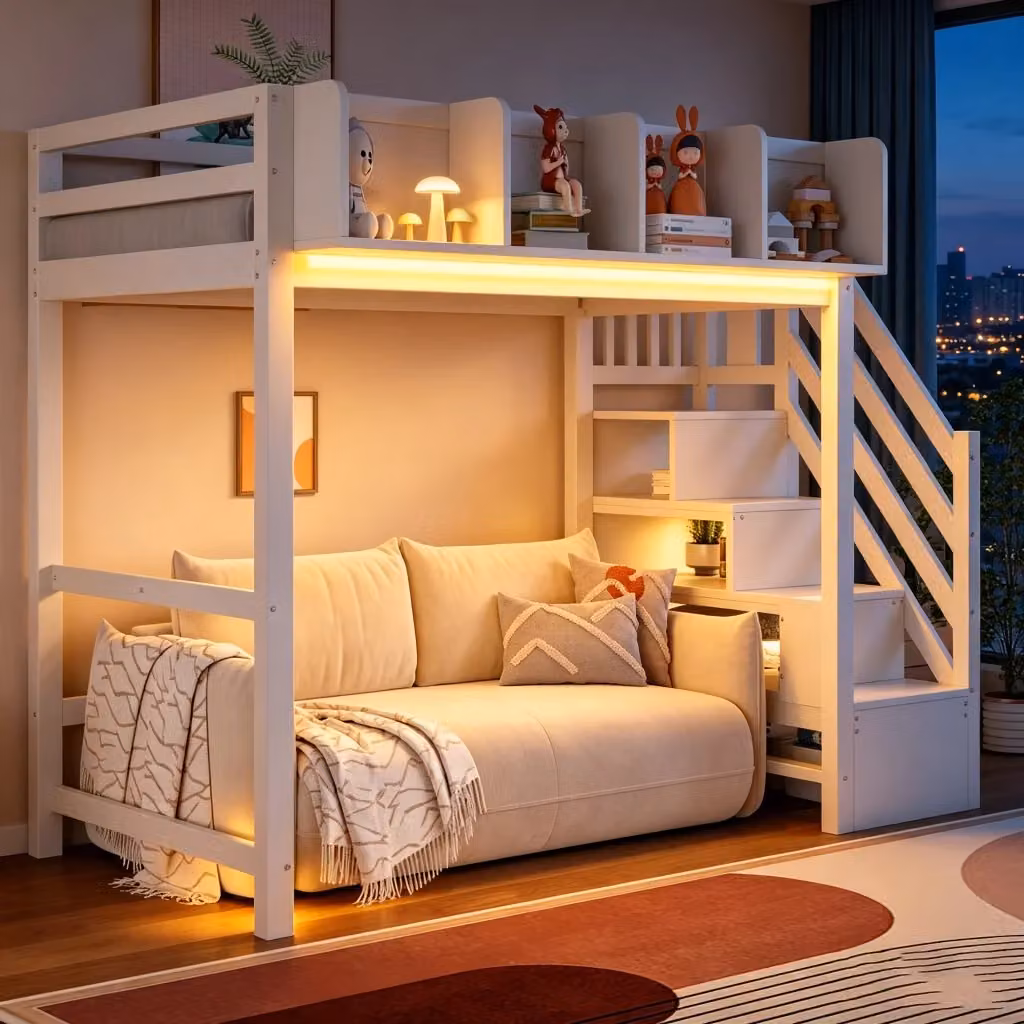 Letto a castello multifunzionale WISHDOR per bambini con scala, illuminazione LED e contenitori, bianco e grigio, L/P/H: 200 x 90 x 170 cm – 2