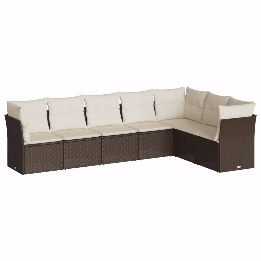 Set di divani da giardino vidaXL 7 pz a forma di L con cuscini marroni e bianchi in rattan e metallo – 2